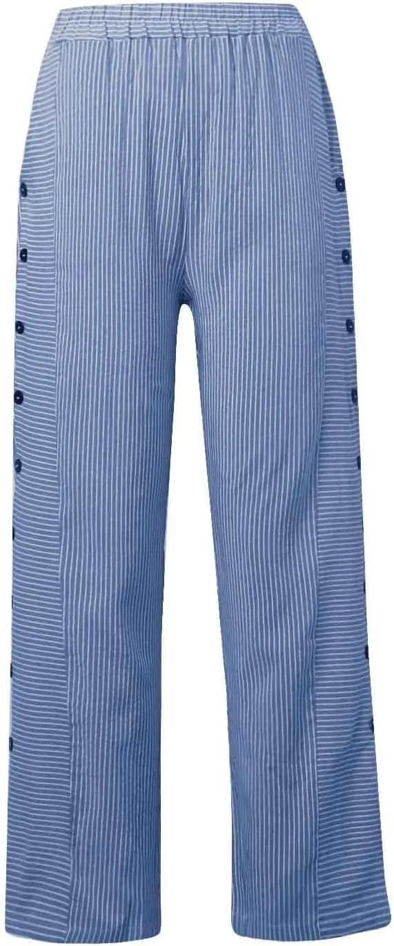 Striped Pants Women Side Button Elastic Waist Summer Casual Pants Straight Leg Plus Size Trendy Trousers with Pocket