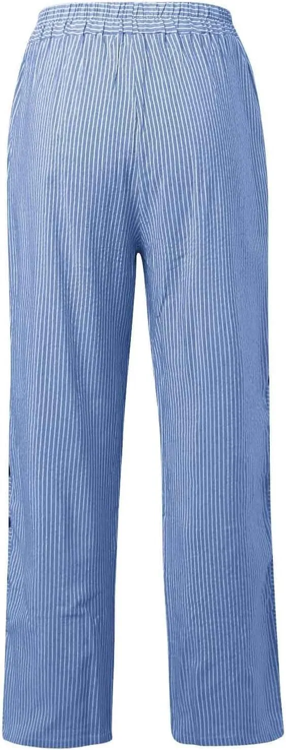 Striped Pants Women Side Button Elastic Waist Summer Casual Pants Straight Leg Plus Size Trendy Trousers with Pocket