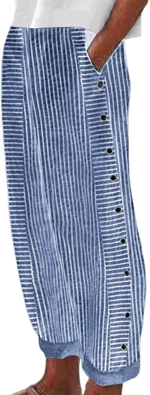 Striped Pants Women Side Button Elastic Waist Summer Casual Pants Straight Leg Plus Size Trendy Trousers with Pocket