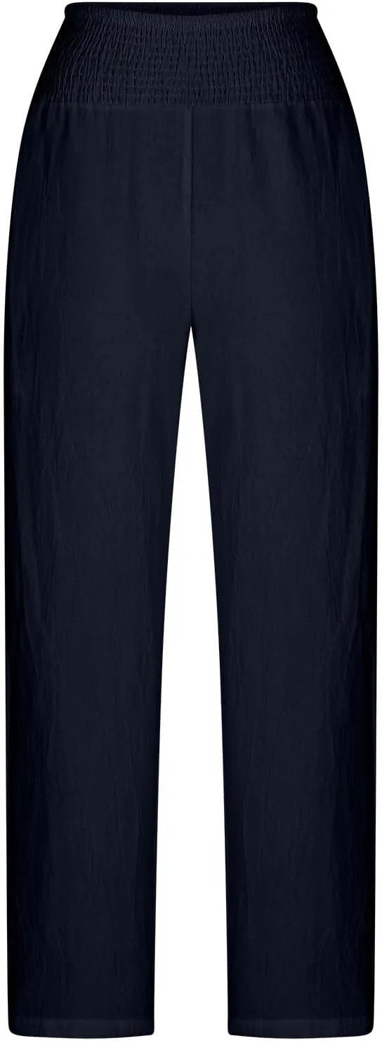 Summer Beach Pants for Women Casual Palazzo Linen Pants Smocked Elastic Waist Loose Trousers with Pockets
