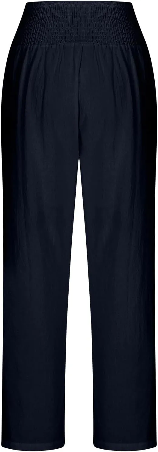 Summer Beach Pants for Women Casual Palazzo Linen Pants Smocked Elastic Waist Loose Trousers with Pockets