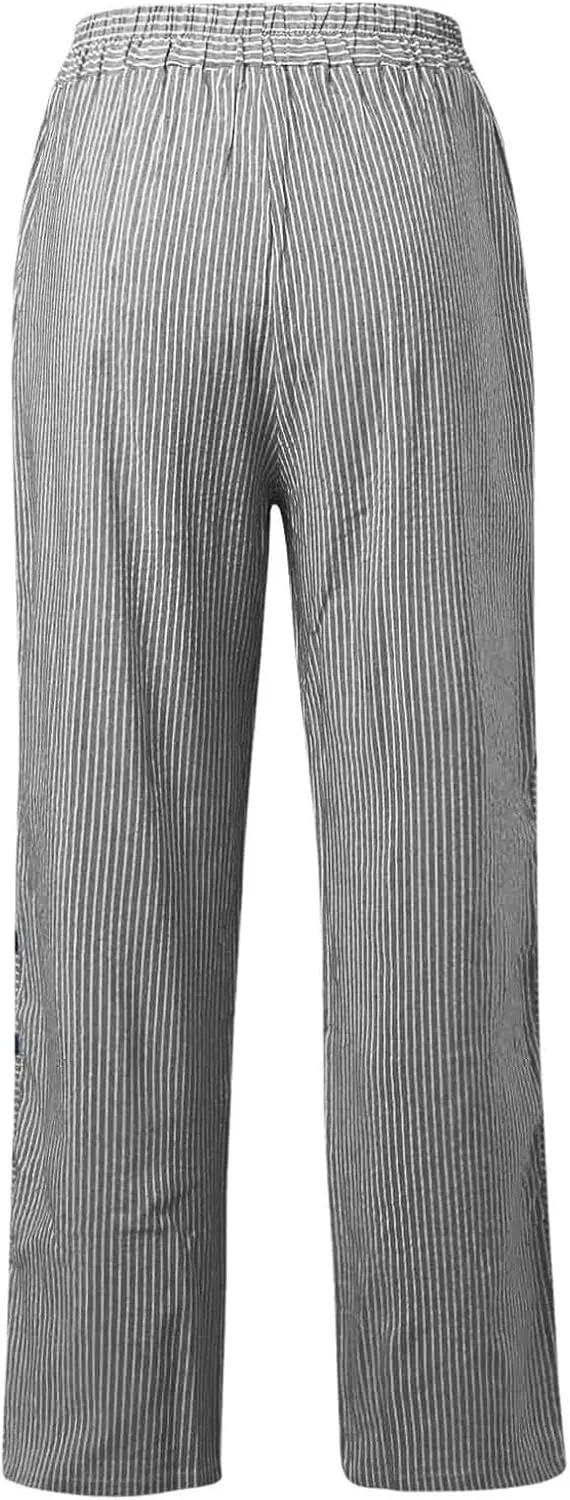 Summer Beach Pants for Women Casual Stiped Drawstring Pants with Pockets Button Side Design Wide Leg Linen Pants for Women