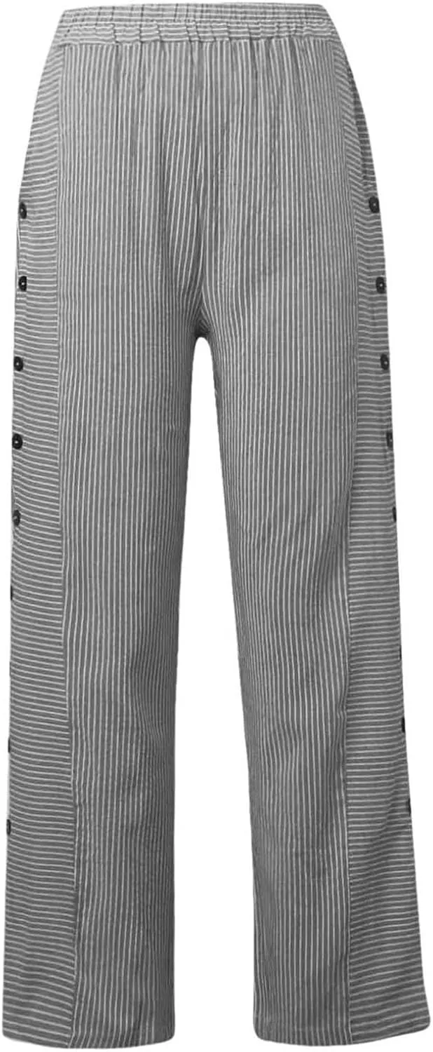 Summer Beach Pants for Women Casual Stiped Drawstring Pants with Pockets Button Side Design Wide Leg Linen Pants for Women