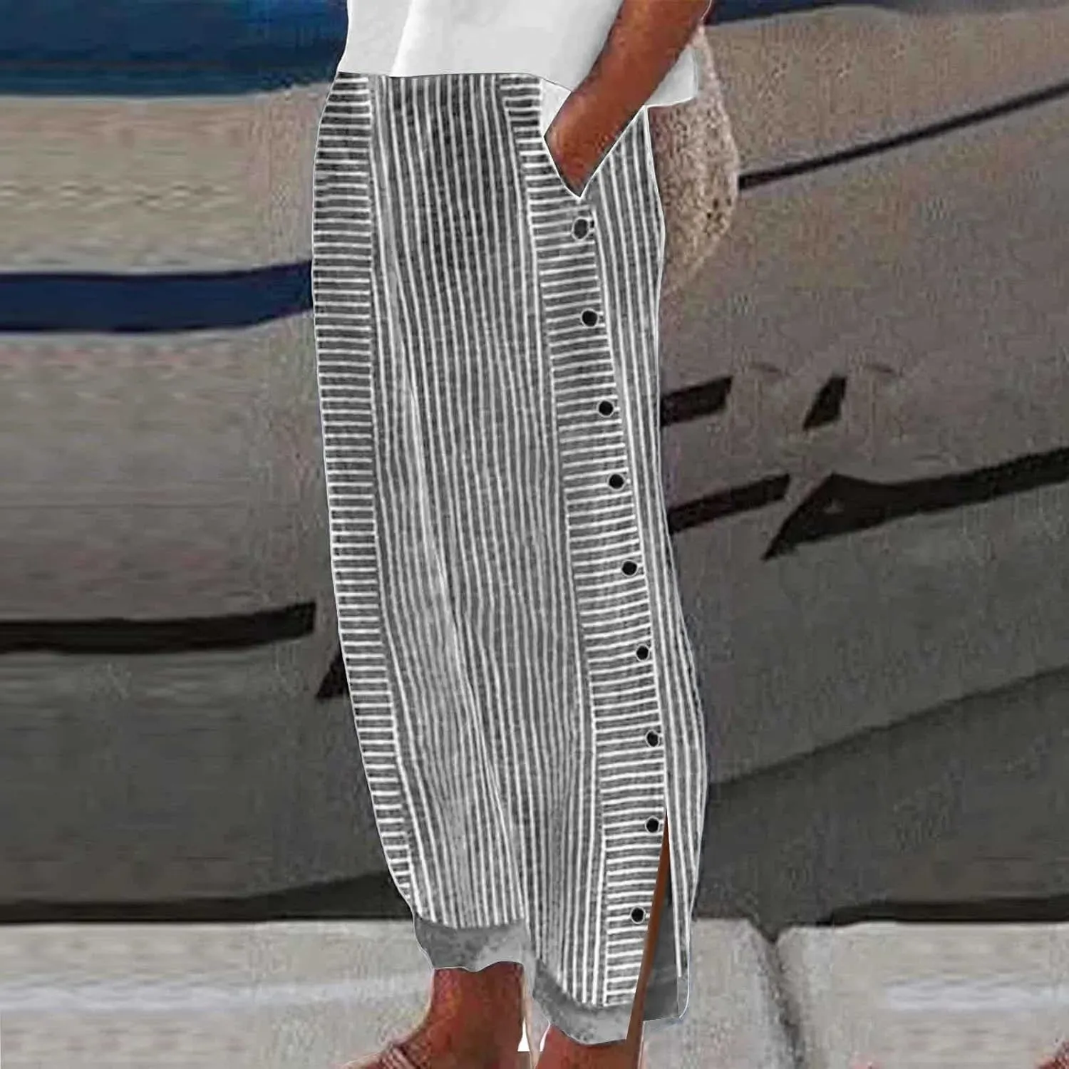 Summer Beach Pants for Women Casual Stiped Drawstring Pants with Pockets Button Side Design Wide Leg Linen Pants for Women