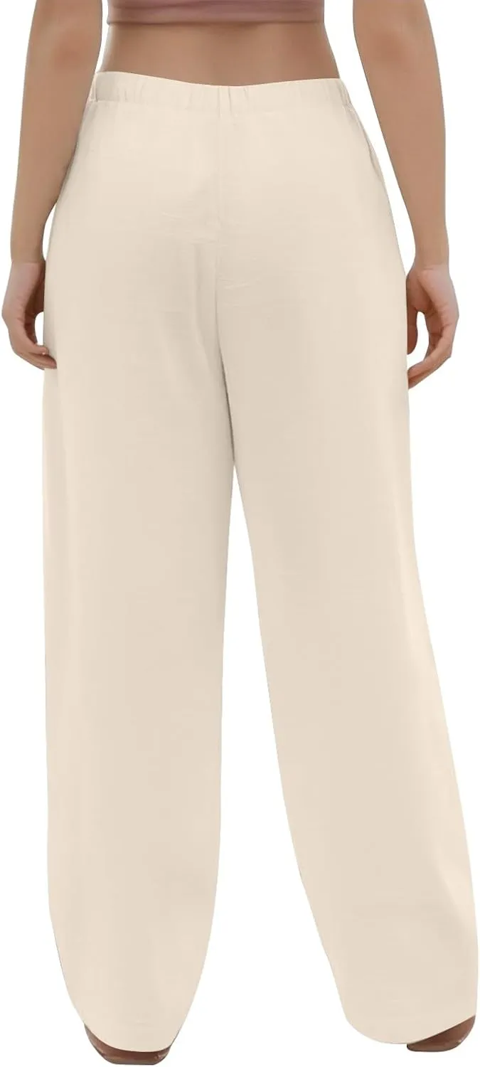 Summer Pants for Women Baggy Linen Elastic 2025 Pants Wide Leg Beach High Waisted with Pocket Solid Outfit Resort Wear