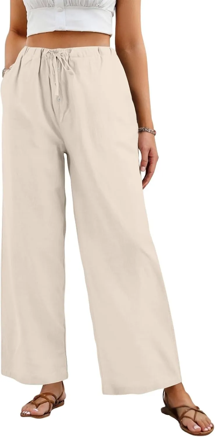 Summer Pants for Women Baggy Linen Elastic 2025 Pants Wide Leg Beach High Waisted with Pocket Solid Outfit Resort Wear