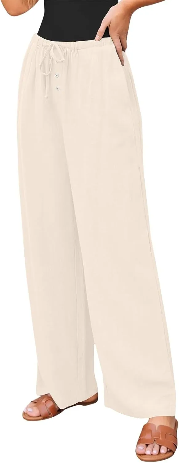 Summer Pants for Women Baggy Linen Elastic 2025 Pants Wide Leg Beach High Waisted with Pocket Solid Outfit Resort Wear