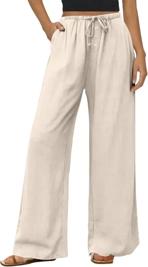 Summer Pants for Women Baggy Linen Elastic 2025 Pants Wide Leg Beach High Waisted with Pocket Solid Outfit Resort Wear