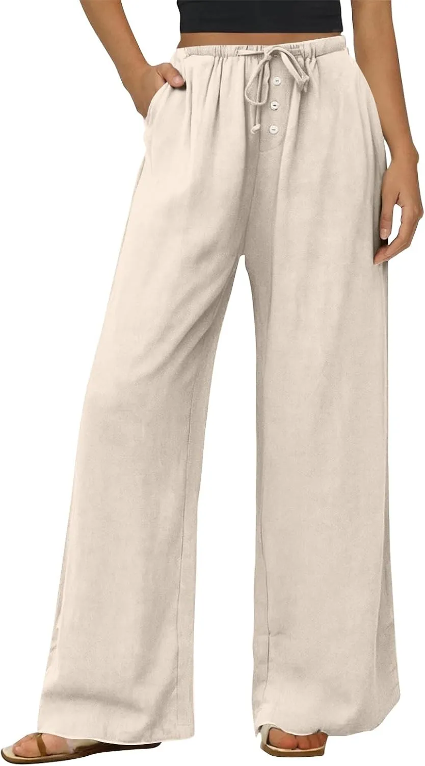 Summer Pants for Women Baggy Linen Elastic 2025 Pants Wide Leg Beach High Waisted with Pocket Solid Outfit Resort Wear