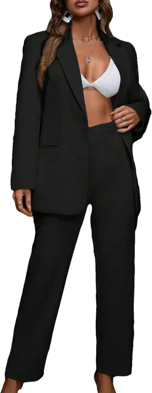 SweatyRocks Women's 2 Piece Outfits Solid Button Down Lapel Blazer Jacket with Pants Office Suit Set