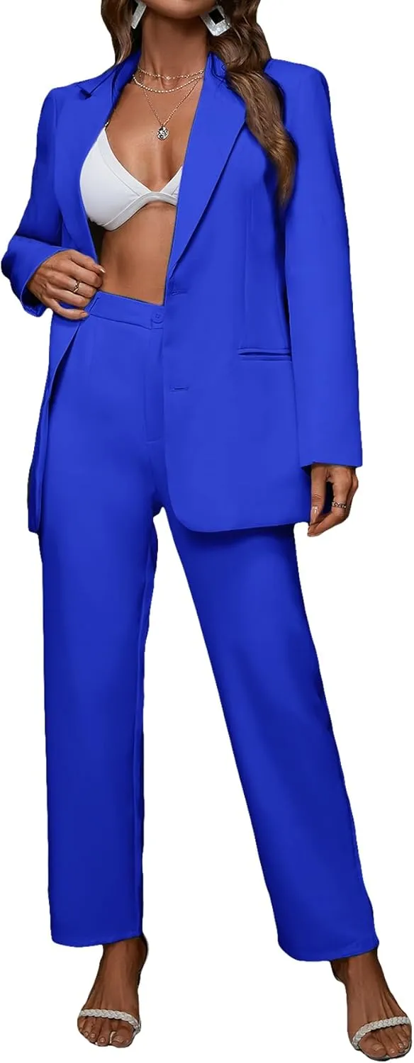 SweatyRocks Women's 2 Piece Outfits Solid Button Down Lapel Blazer Jacket with Pants Office Suit Set