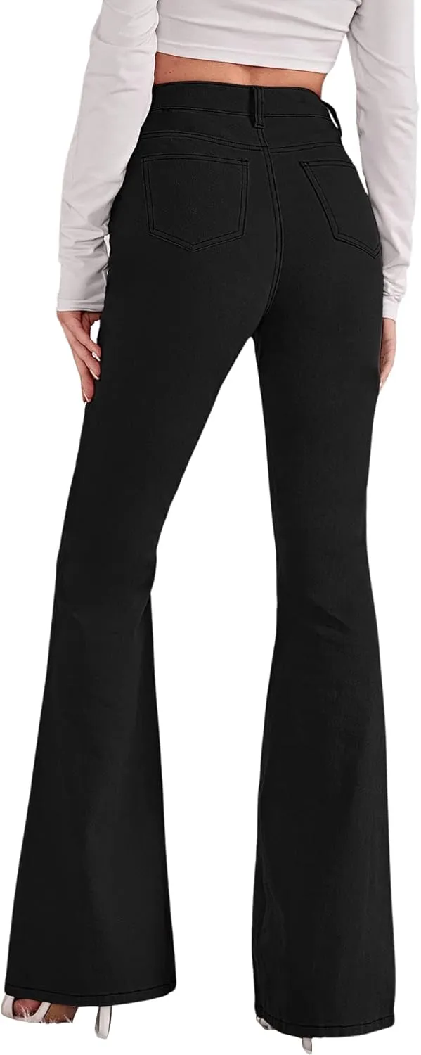 SweatyRocks Women's Casual Denim Pants Heart Print High Waist Stretchy Bell Bottom Flared Jeans