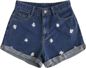 SweatyRocks Women's Casual High Waist Daisy Floral Embroidery Folded Hem Denim Jean Shorts