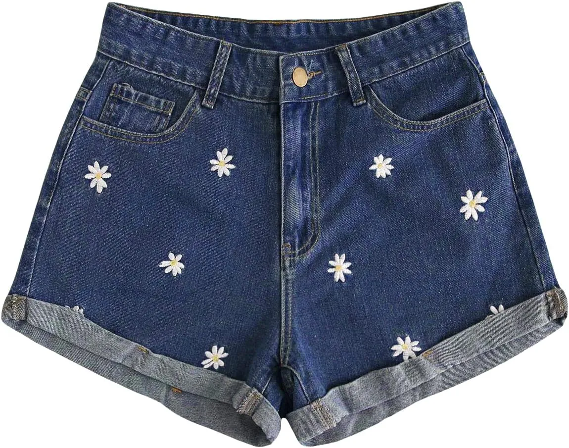 SweatyRocks Women's Casual High Waist Daisy Floral Embroidery Folded Hem Denim Jean Shorts