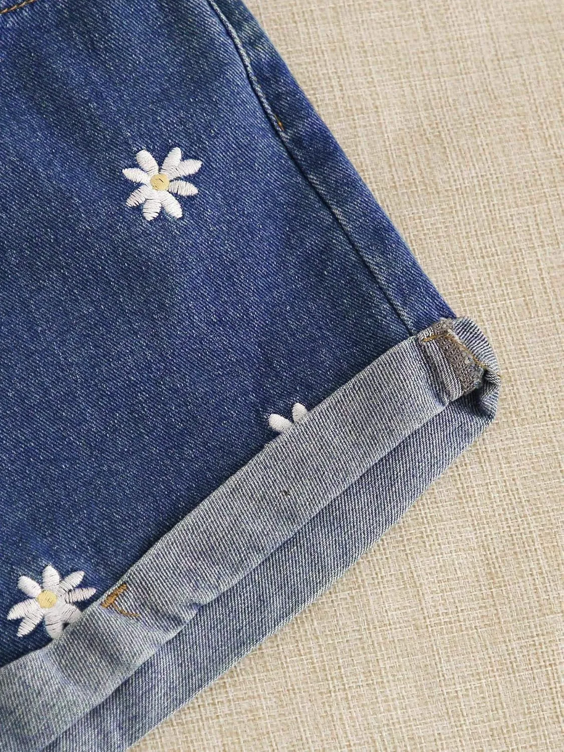 SweatyRocks Women's Casual High Waist Daisy Floral Embroidery Folded Hem Denim Jean Shorts