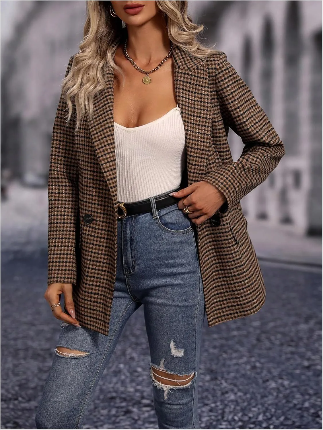 SweatyRocks Women's Casual Lapel Blazer Jacket Plaid Double Breasted Gingham Suit Coat