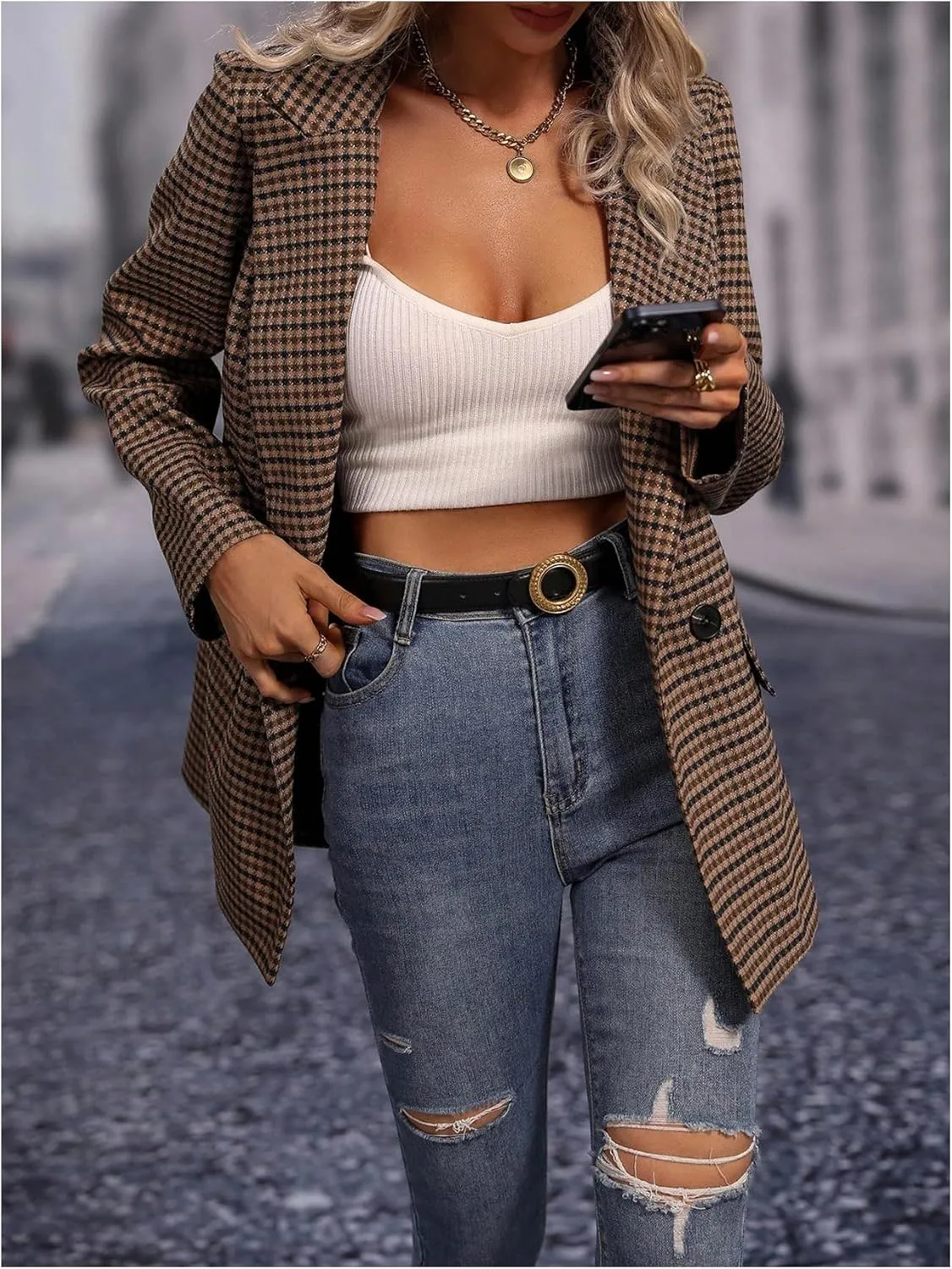 SweatyRocks Women's Casual Lapel Blazer Jacket Plaid Double Breasted Gingham Suit Coat