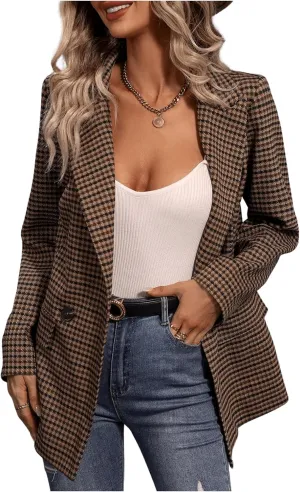 SweatyRocks Women's Casual Lapel Blazer Jacket Plaid Double Breasted Gingham Suit Coat