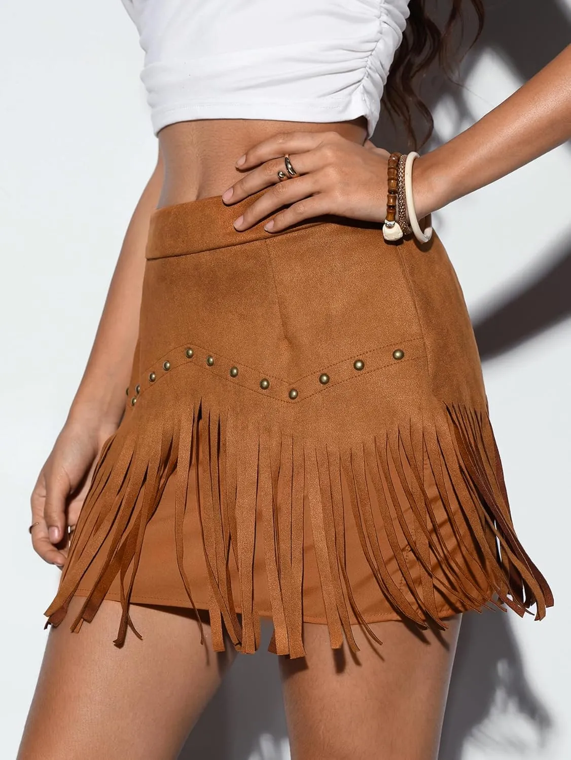 SweatyRocks Women's Faux Suede Fringe Skirt High Waisted Tassel Mini Cowgirl Skirts