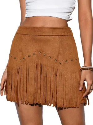 SweatyRocks Women's Faux Suede Fringe Skirt High Waisted Tassel Mini Cowgirl Skirts