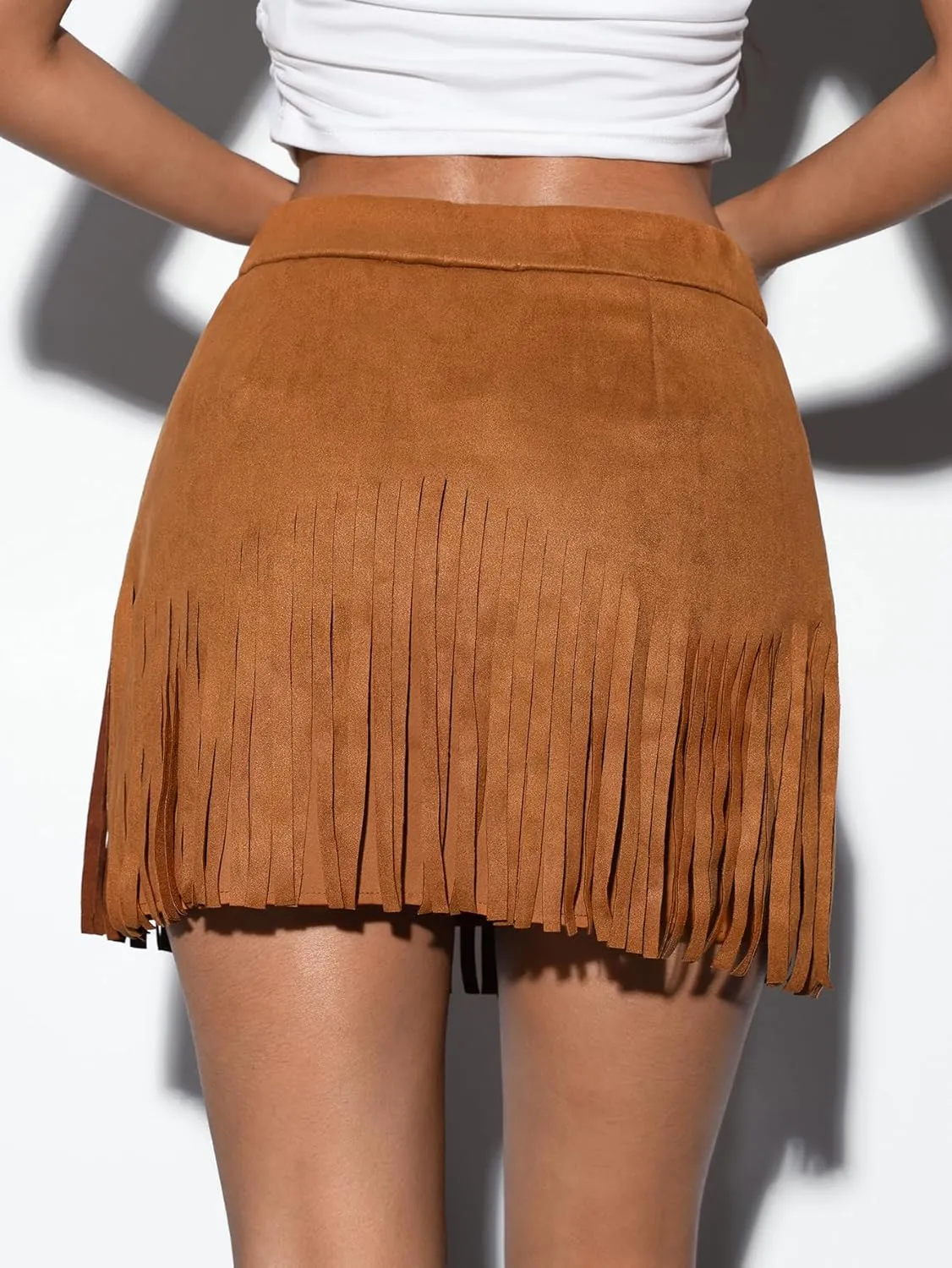 SweatyRocks Women's Faux Suede Fringe Skirt High Waisted Tassel Mini Cowgirl Skirts