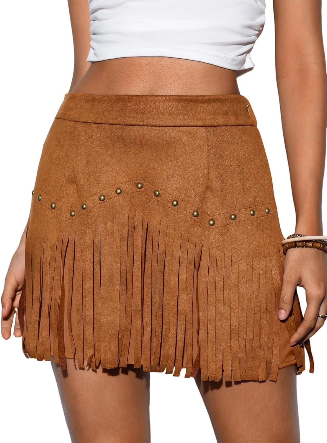 SweatyRocks Women's Faux Suede Fringe Skirt High Waisted Tassel Mini Cowgirl Skirts