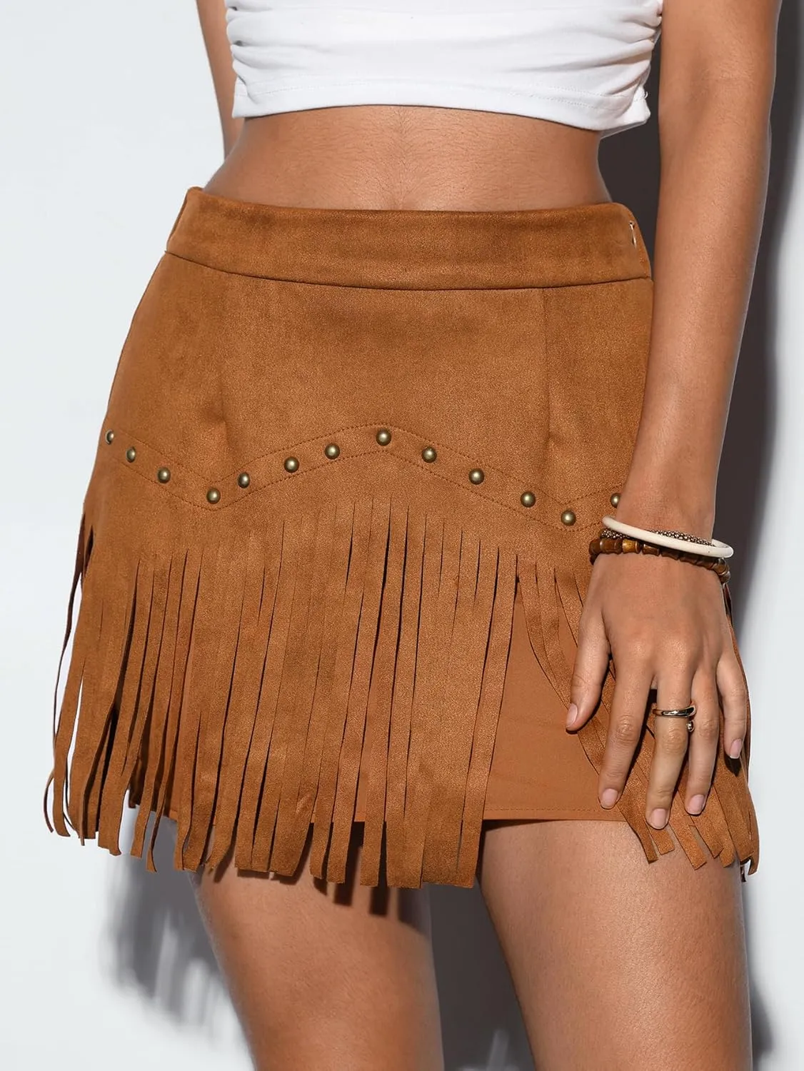 SweatyRocks Women's Faux Suede Fringe Skirt High Waisted Tassel Mini Cowgirl Skirts