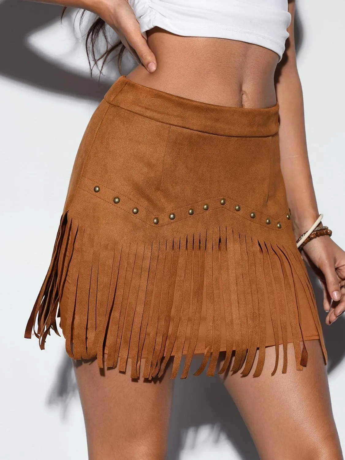 SweatyRocks Women's Faux Suede Fringe Skirt High Waisted Tassel Mini Cowgirl Skirts