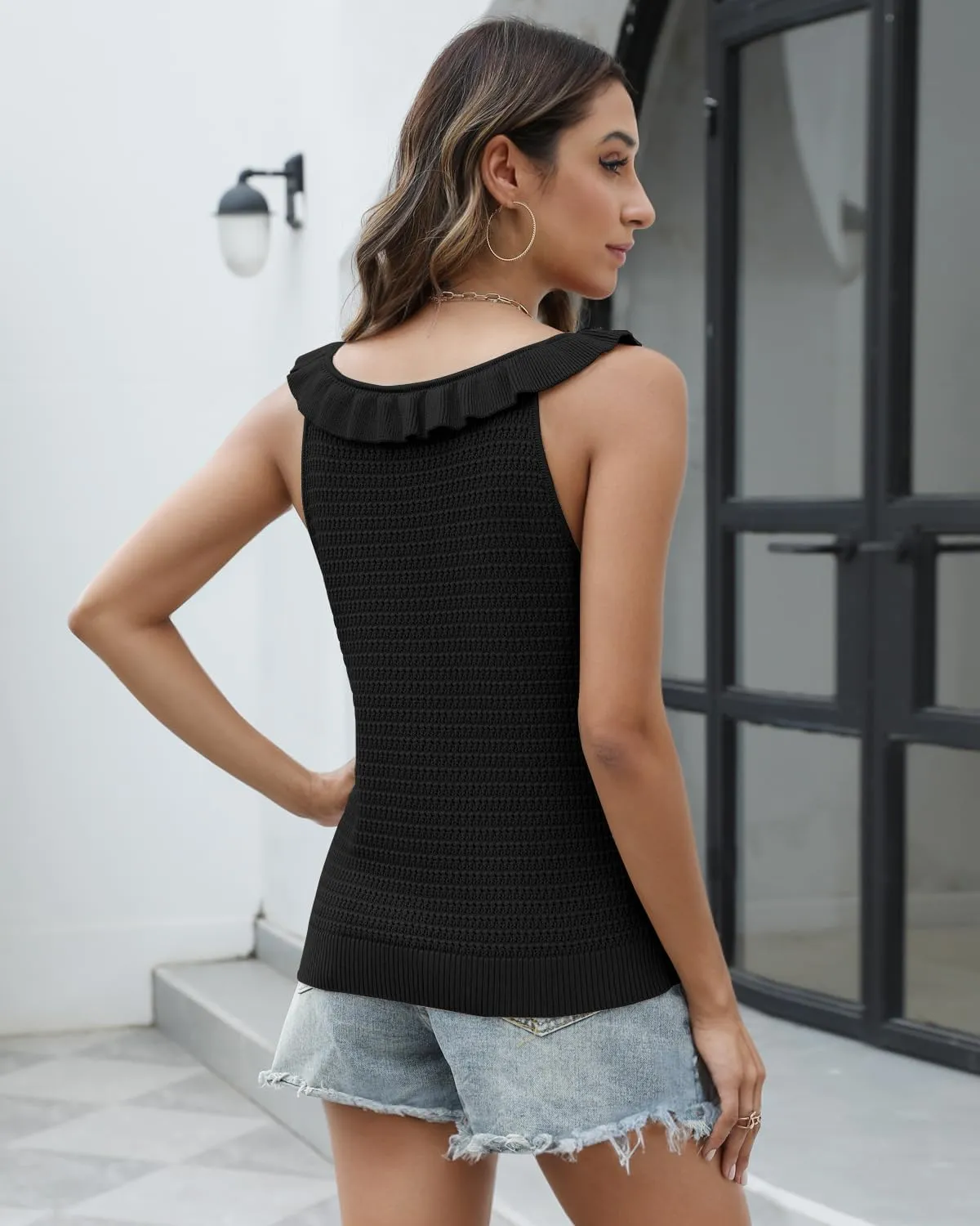 Tanou Women's Ruffled Neckline Sweater Vests Hollow Out Crochet Sleeveless Casual Knit Tank Tops