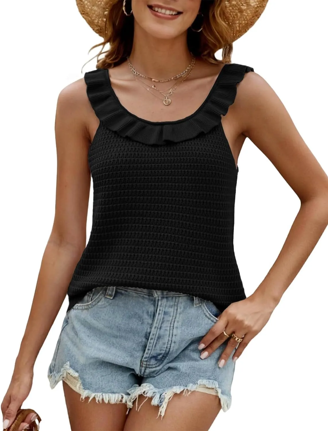 Tanou Women's Ruffled Neckline Sweater Vests Hollow Out Crochet Sleeveless Casual Knit Tank Tops
