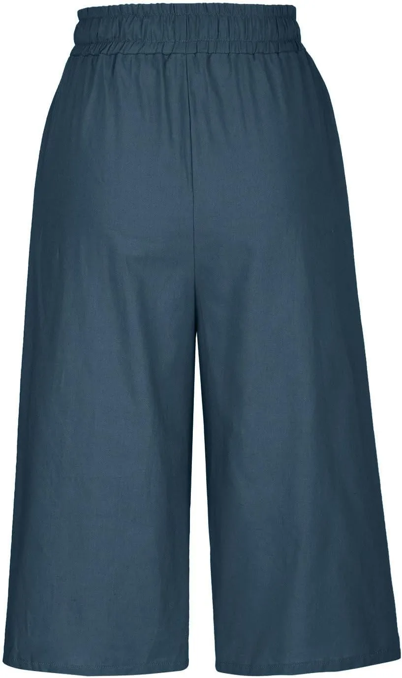 TARIENDY Wide Leg Capri Pants for Women Cotton Linen High Waist Casual Summer Pant Loose Comfy Fit Drawstring Lounge Capris