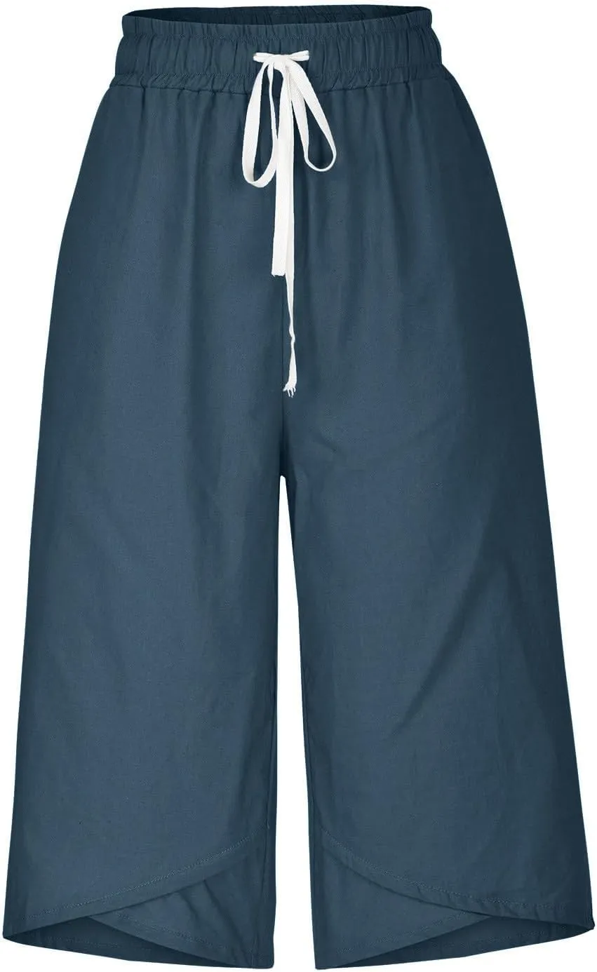 TARIENDY Wide Leg Capri Pants for Women Cotton Linen High Waist Casual Summer Pant Loose Comfy Fit Drawstring Lounge Capris