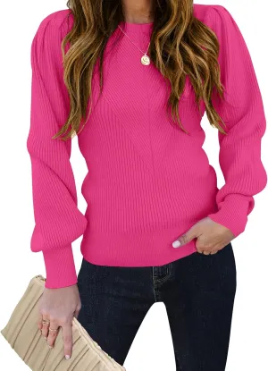 TECREW Women's Puff Sleeve Crew Neck Pullover Sweater Casual Cozy Knit Slim Jumper Tops