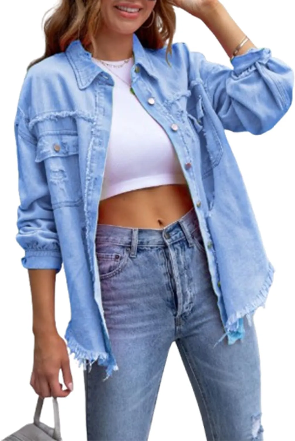 The Beauty North Denim Jacket, Womens Oversized Ripped Fringe Denim Jacket with Pockets,Women's Ripped Denim Jacket