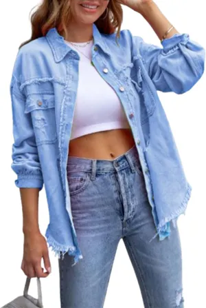 The Beauty North Denim Jacket, Womens Oversized Ripped Fringe Denim Jacket with Pockets,Women's Ripped Denim Jacket