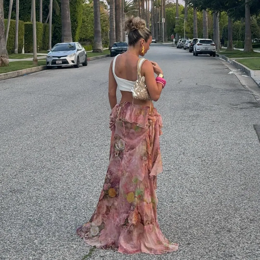 THLAI Womens Maxi Floral Skirt Ruffled Long Skirts Spring Summer Vacation Skirt