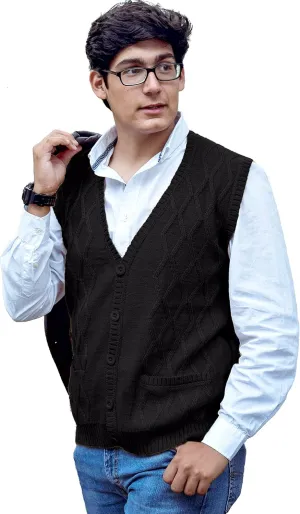 TINKUY Peru Mens Alpaca Wool V Neck Argyle Cardigan Vest, S-4XL