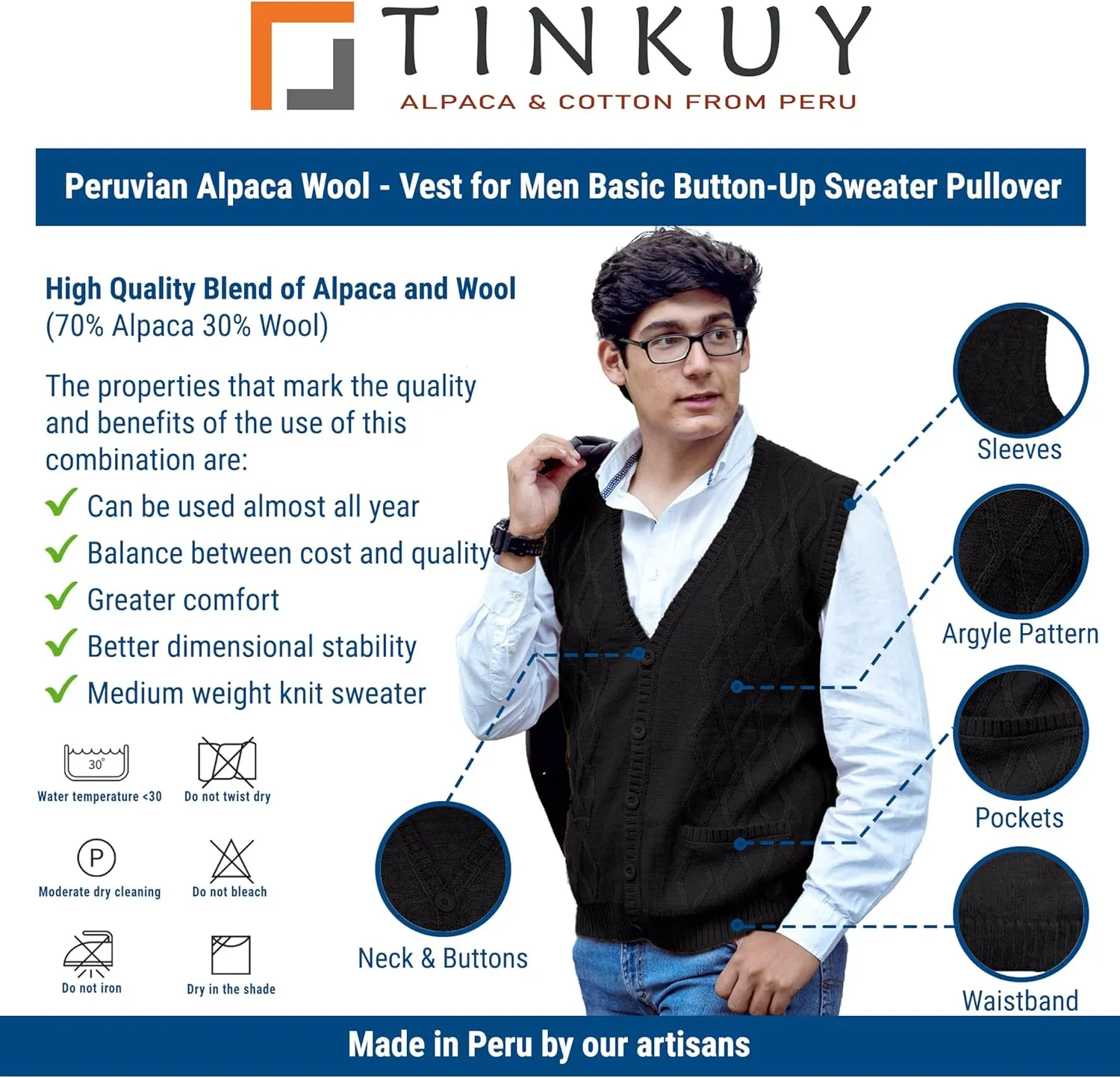 TINKUY Peru Mens Alpaca Wool V Neck Argyle Cardigan Vest, S-4XL
