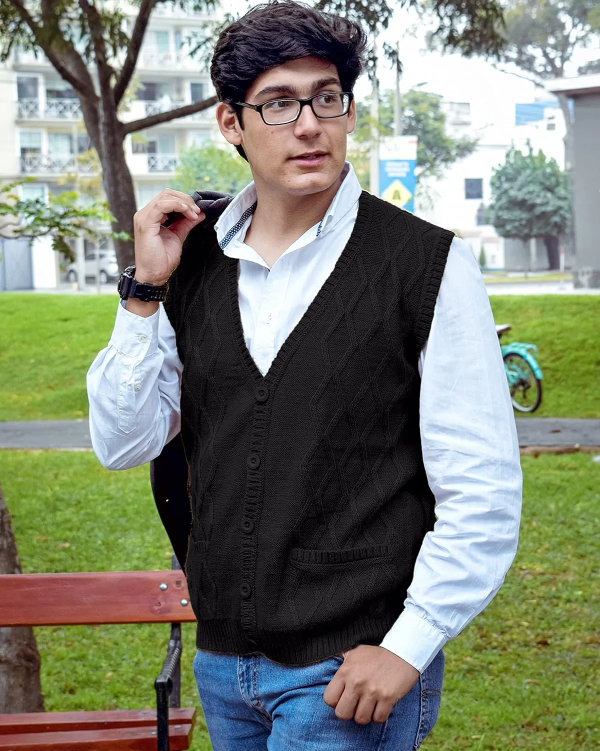 TINKUY Peru Mens Alpaca Wool V Neck Argyle Cardigan Vest, S-4XL