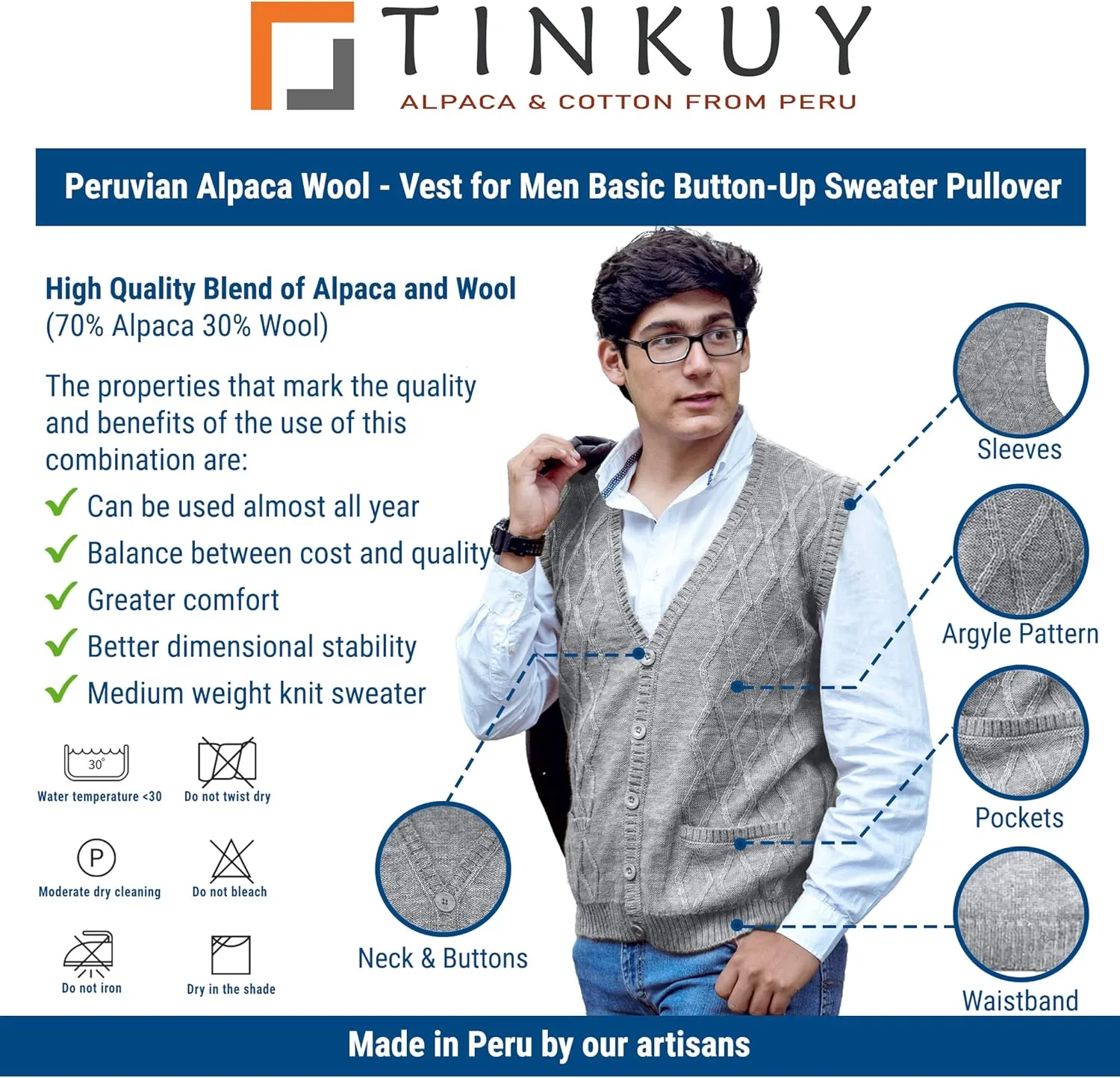 TINKUY Peru Mens Alpaca Wool V Neck Argyle Cardigan Vest, S-4XL