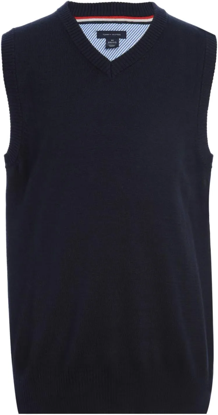 Tommy Hilfiger Boy's Sleeveless V-neck Sweater Vest, Kids School Uniform Clothes, Pullover