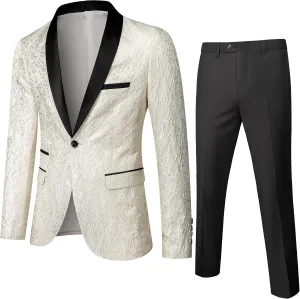 UNINUKOO Men's Suit Slim Fit 2 Piece Tuxedo Suit Set Floral Print Paisley Shawl Lapel Groom Wedding Suits Set