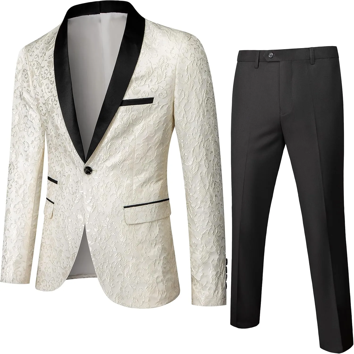 UNINUKOO Men's Suit Slim Fit 2 Piece Tuxedo Suit Set Floral Print Paisley Shawl Lapel Groom Wedding Suits Set