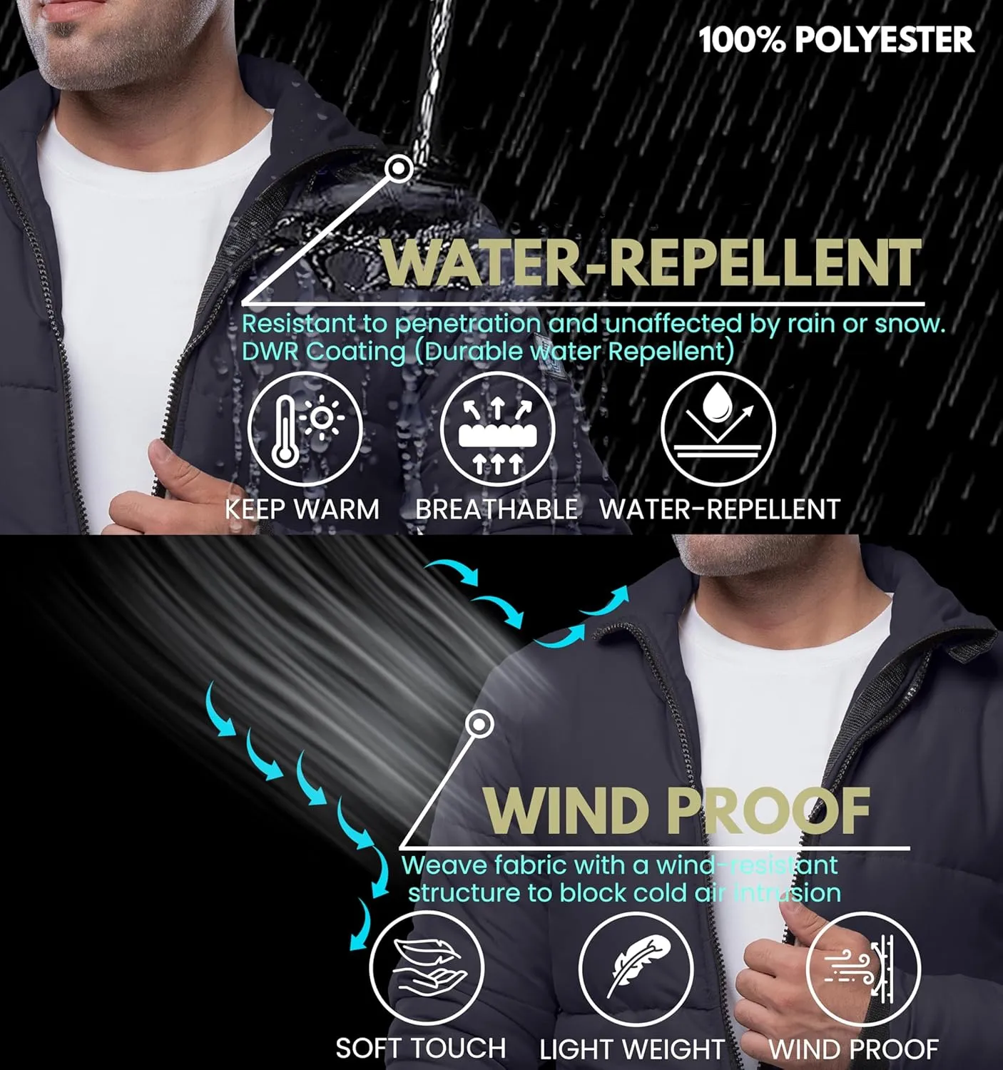 URBAN BUCK Mens Puffer Jackets Midweight Long Sleeves Windproof & Water Repellent Winter Down Recycled Bryce Men Hiking Coats