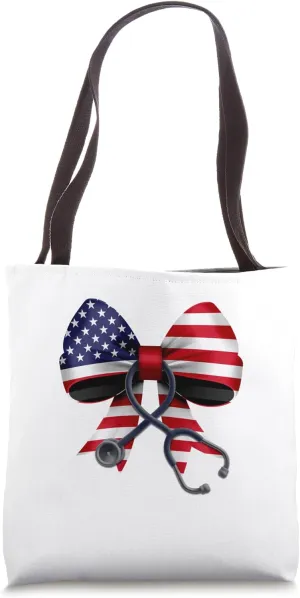 USA Flag Stethoscope Coquette Bow 4th of July RN Nursing Tote Bag
