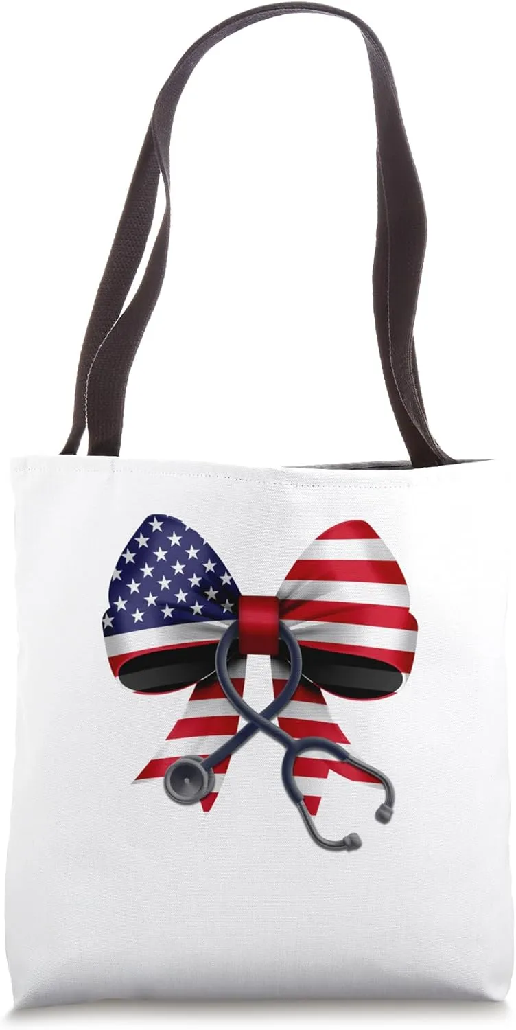 USA Flag Stethoscope Coquette Bow 4th of July RN Nursing Tote Bag