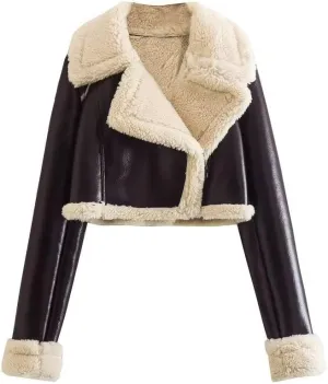 utcoco Womens Leather Jacket Faux Fur Moto Jacket Winter Trench Coat Cropped Shearling Jacket