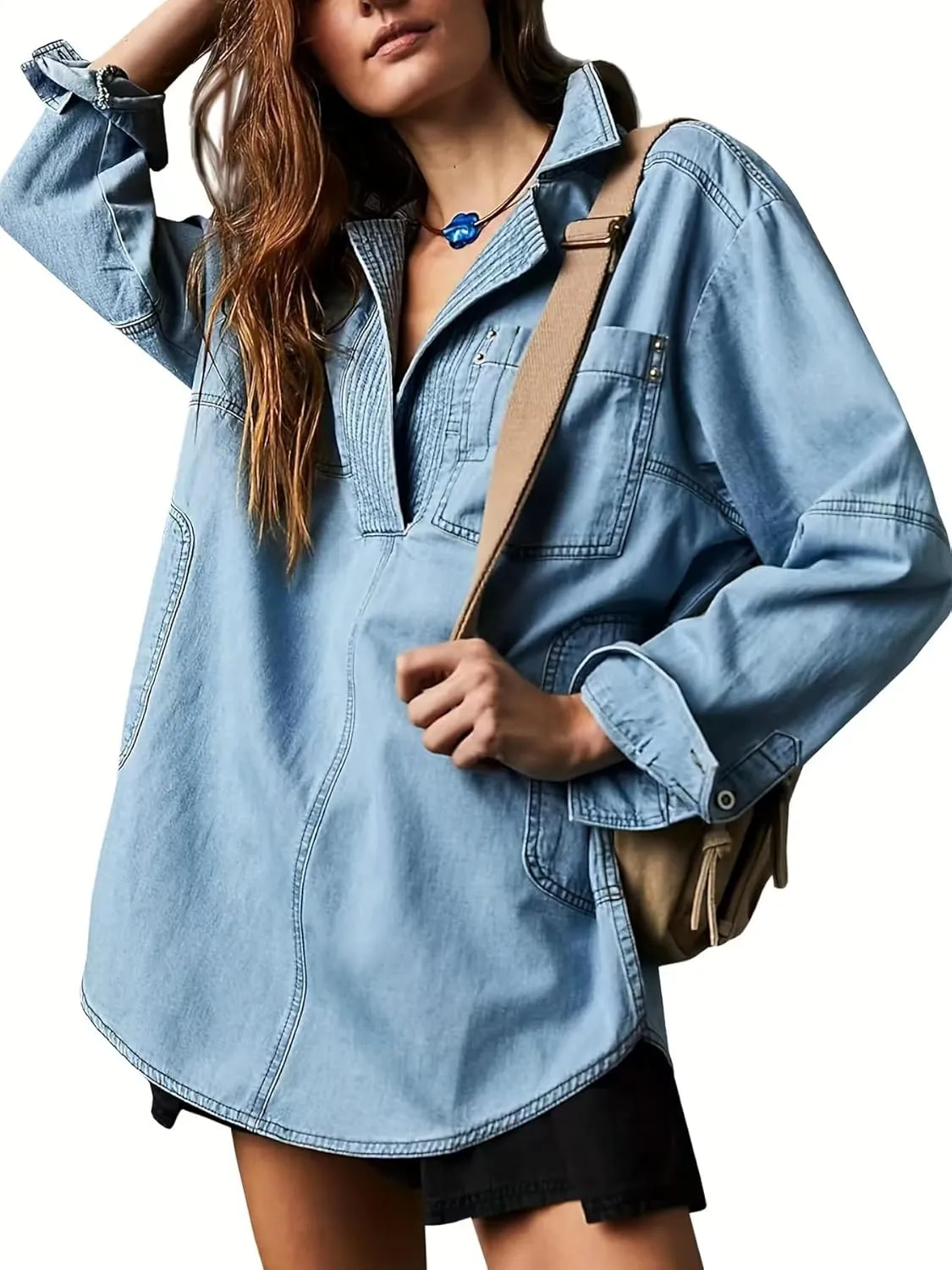 utcoco Women's Oversized Denim Jacket Casual Loose Long Sleeve Jean Sweatshirts Coat Jackets with Pocket