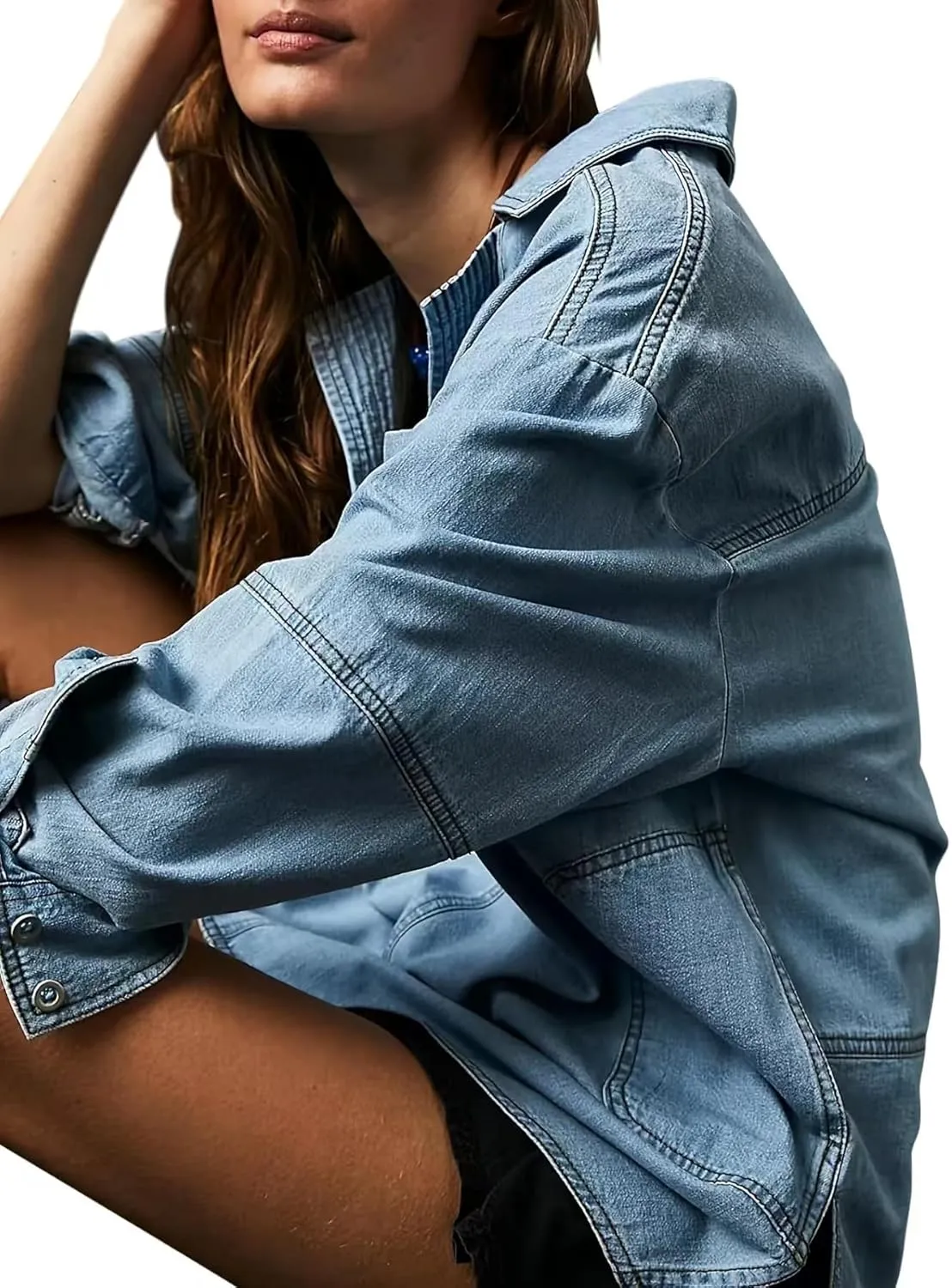 utcoco Women's Oversized Denim Jacket Casual Loose Long Sleeve Jean Sweatshirts Coat Jackets with Pocket