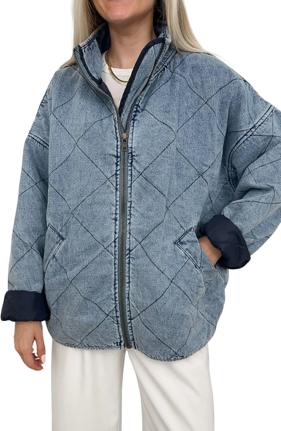 utcoco Women's Oversized Long Sleeve Denim Jacket Casual Loose Fit Zip Up Jean Quilted Jackets Coat with Pockets